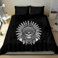 Black bedding set featuring a skull headdress print on duvet cover and pillowcases