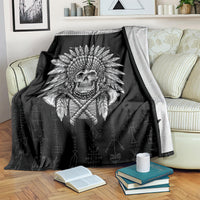 Black skull chief skeleton blanket with skull and feather headdress motif, partly draped