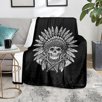 Black skull chief skeleton blanket with large centered feathered skull headdress design