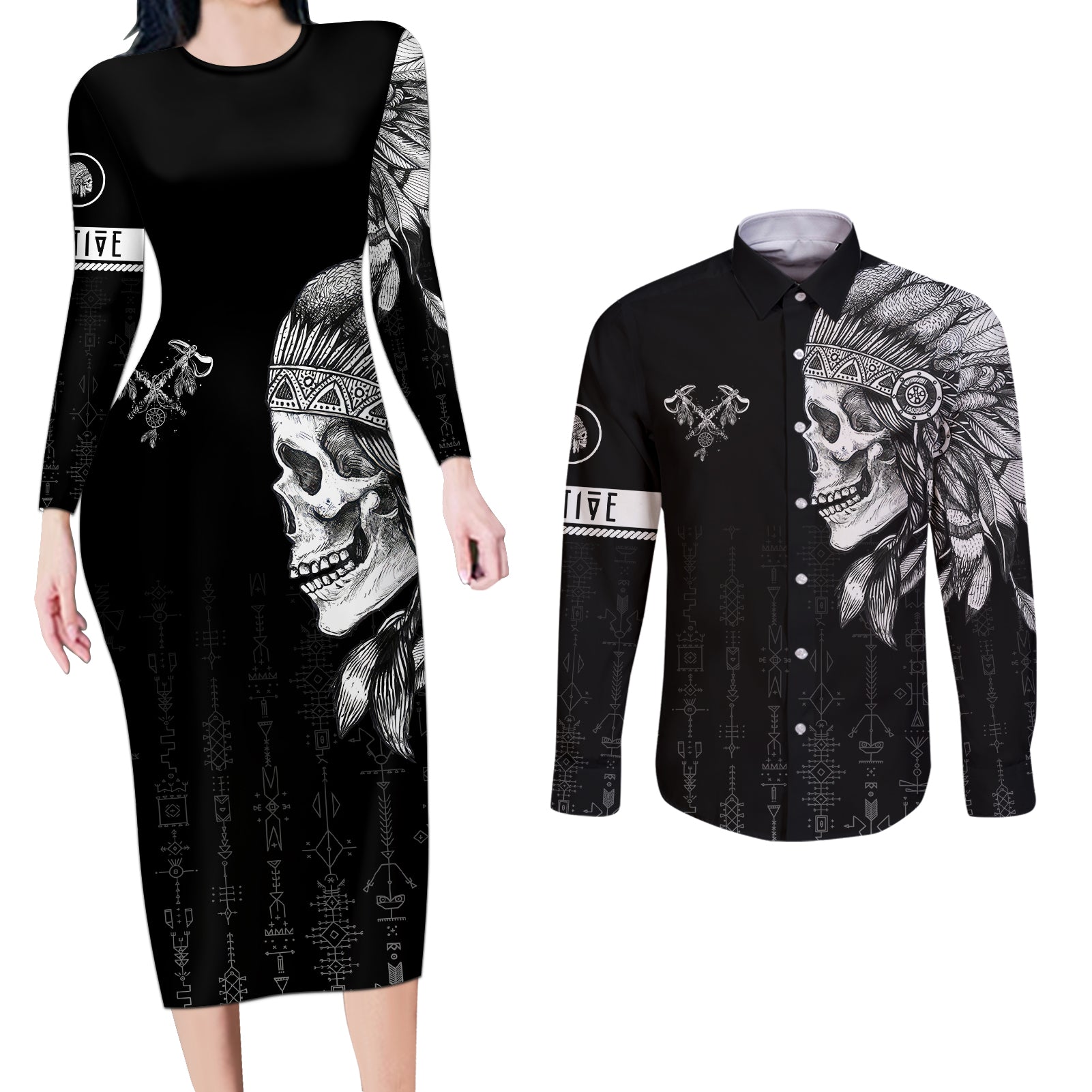 Skull Couples Matching Long Sleeve Bodycon Dress and Long Sleeve Button Shirts Chief Skeleton - Wonder Print Shop