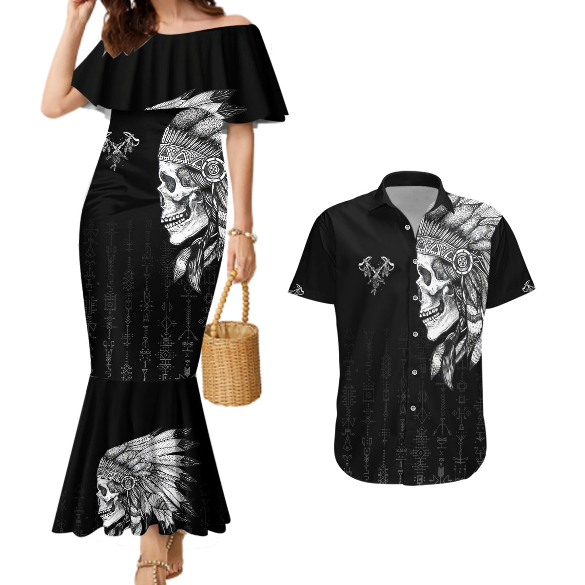 Skull Couples Matching Mermaid Dress And Hawaiian Shirt Chief Skeleton - Wonder Print Shop