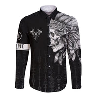 Black long-sleeve button shirt with chief skull graphic front, white line art