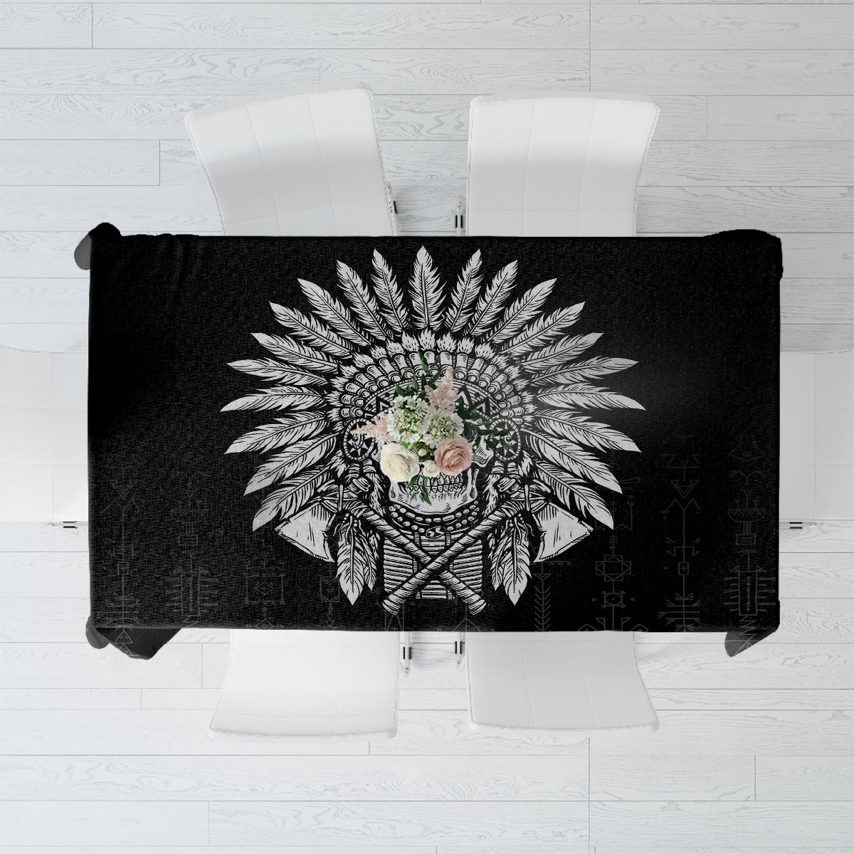 Black tablecloth with skull chief graphic and feathered headdress, all-over pattern