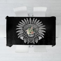 Black tablecloth with skull chief graphic and feathered headdress, all-over pattern