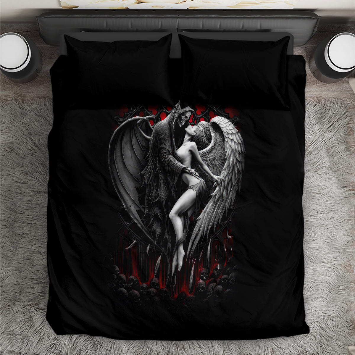 Black bedding set: duvet cover with angel-wing graphic and 2 matching pillowcases