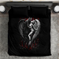 Black bedding set: duvet cover with angel-wing graphic and 2 matching pillowcases