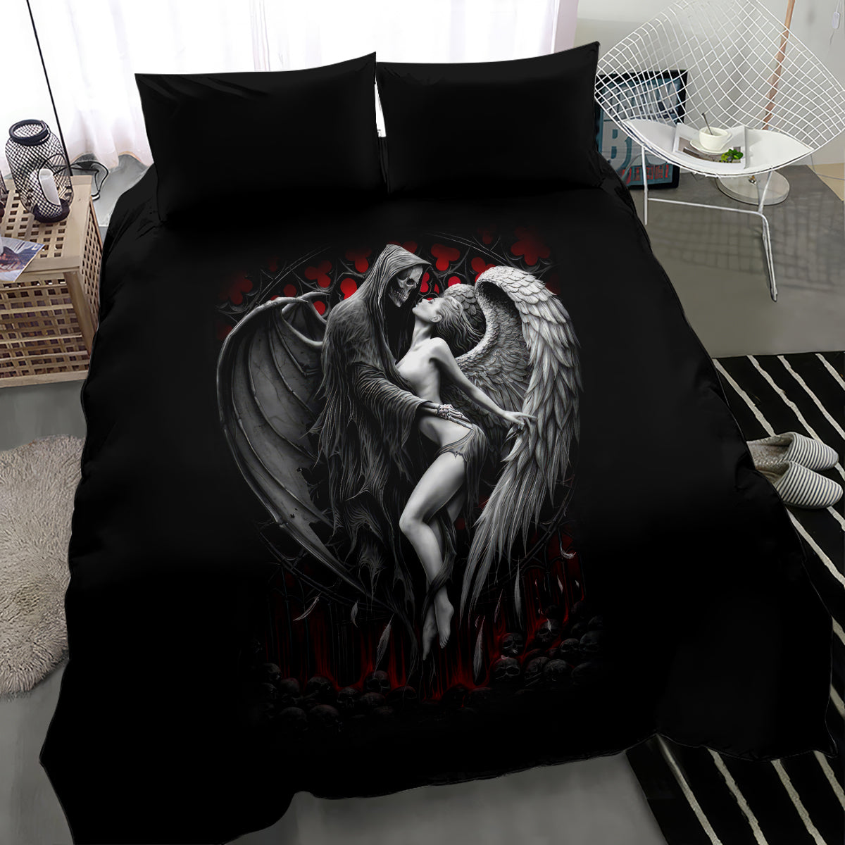 Black duvet cover bedding set featuring angel-wing skull graphic, with 2 pillowcases