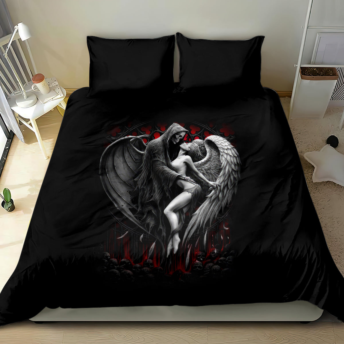 Black bedding set: duvet cover with angel-wing graphic, paired with 2 pillowcases