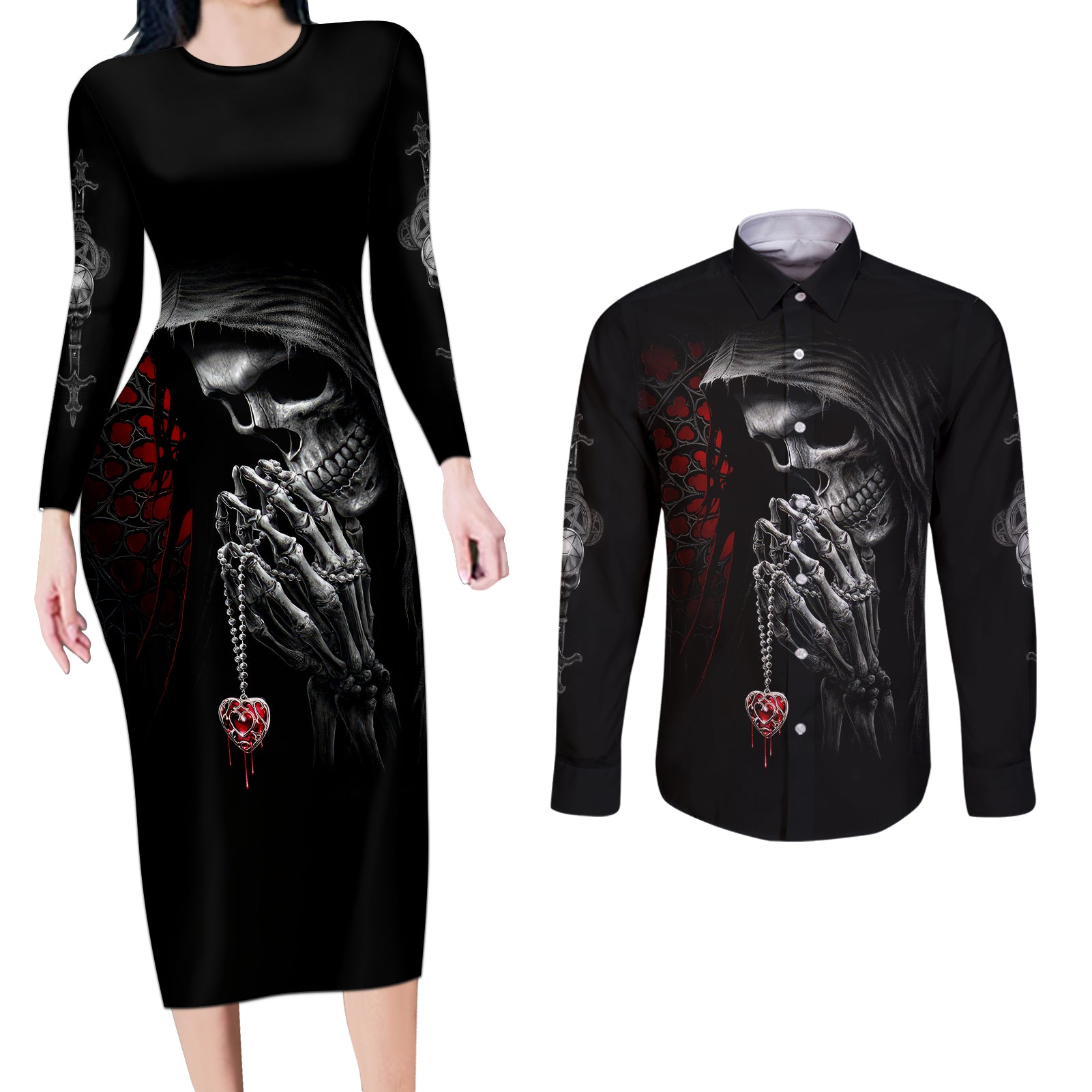 Skull Couples Matching Long Sleeve Bodycon Dress and Long Sleeve Button Shirts Death Angel In Love - Wonder Print Shop