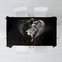 Black tablecloth with skull-and-angel graphic in the center, rectangular design