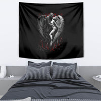 Black wall tapestry showing a central winged angel embracing a figure, with red highlights