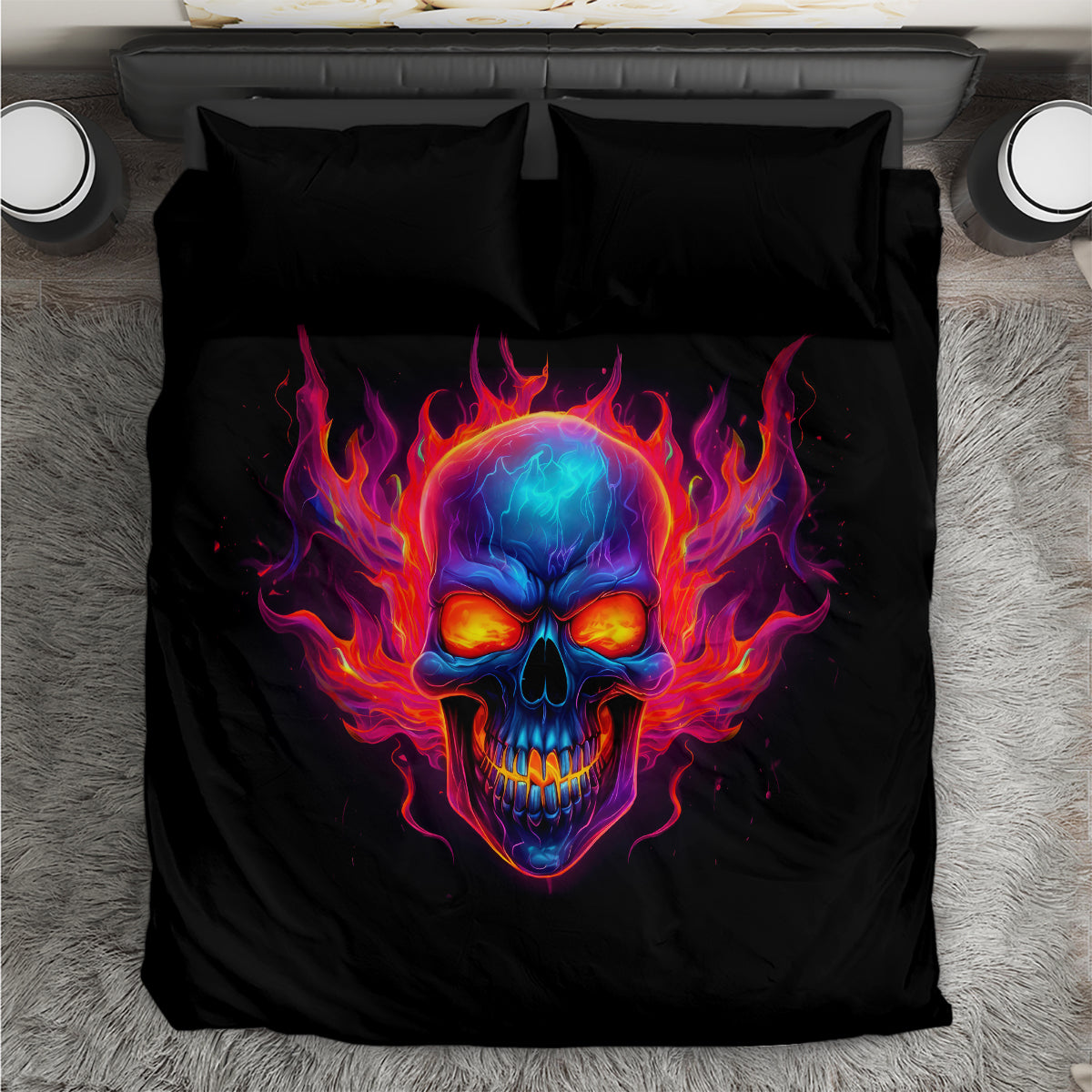 Black bedding set with fiery skull graphic and matching pillowcases