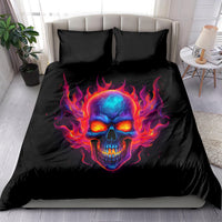 Black duvet cover bedding set featuring a glowing skull in flames and two pillows