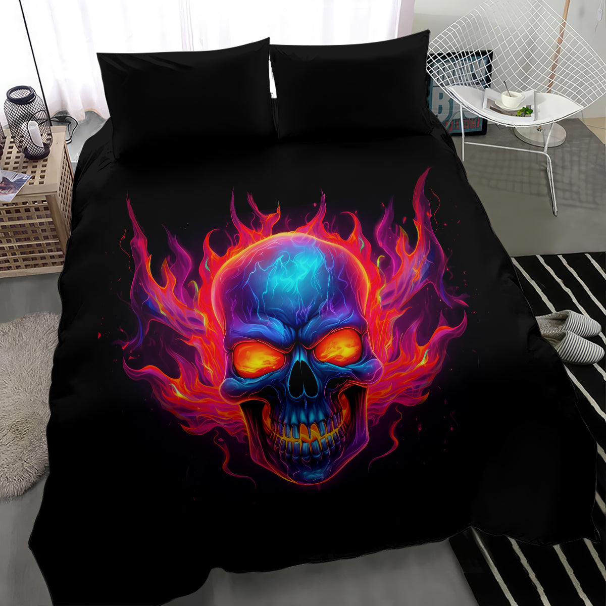 Black bedding set with large flame skull print on the duvet and two black pillow covers
