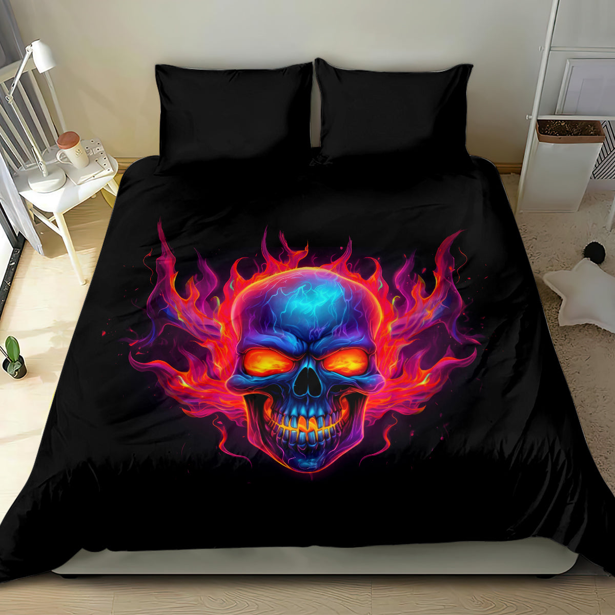 Black comforter bedding set with fiery blue-pink skull artwork and matching pillowcases