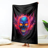 Black skull flame throw blanket, large front skull with colorful fire design