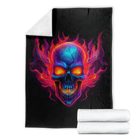 Black skull flame blanket with neat fold, centered blue skull head and colorful flames