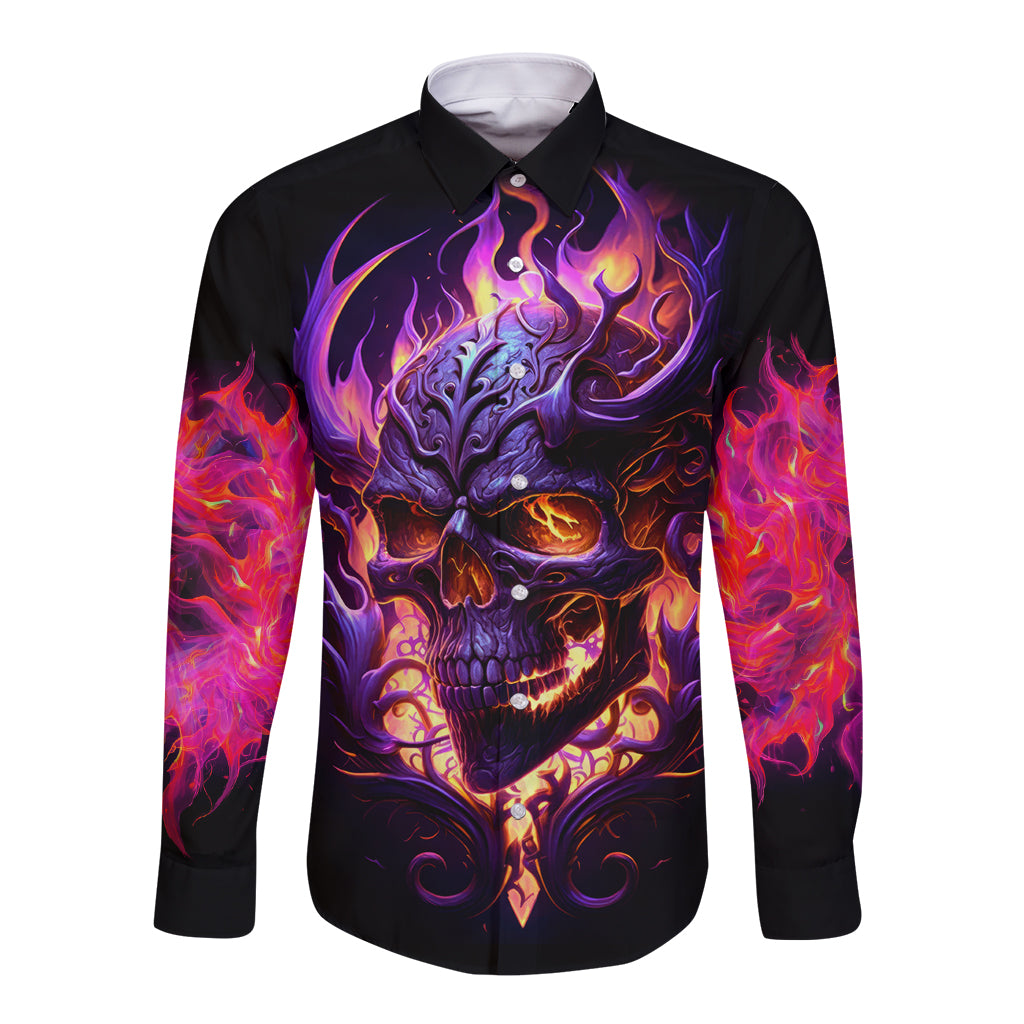 Skull Long Sleeve Button Shirt Purple Skull Fire - Wonder Print Shop