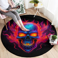Round black skull flame area rug, large purple and blue burning skull artwork