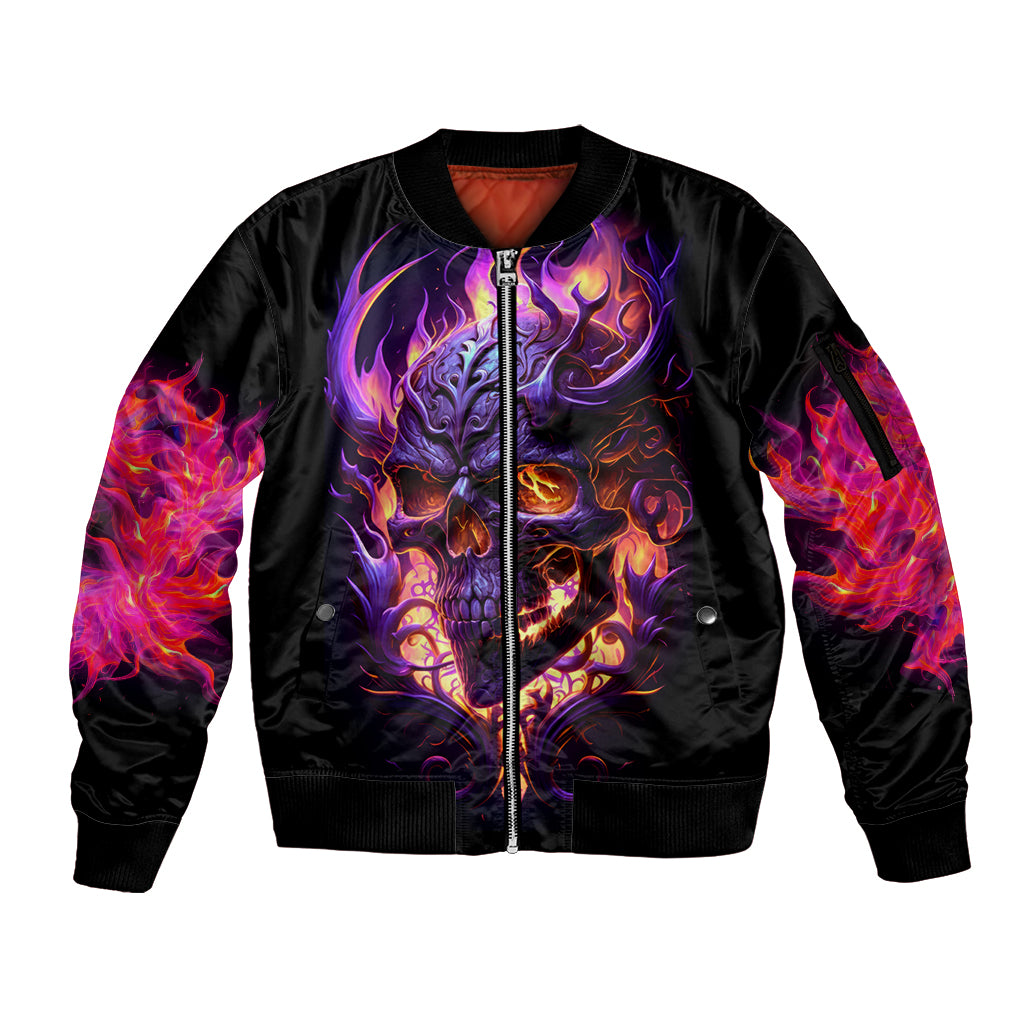 Skull Sleeve Zip Bomber Jacket Purple Skull Fire DT01