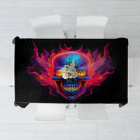 Black skull-themed tablecloth with colorful flame graphic, rectangular print center