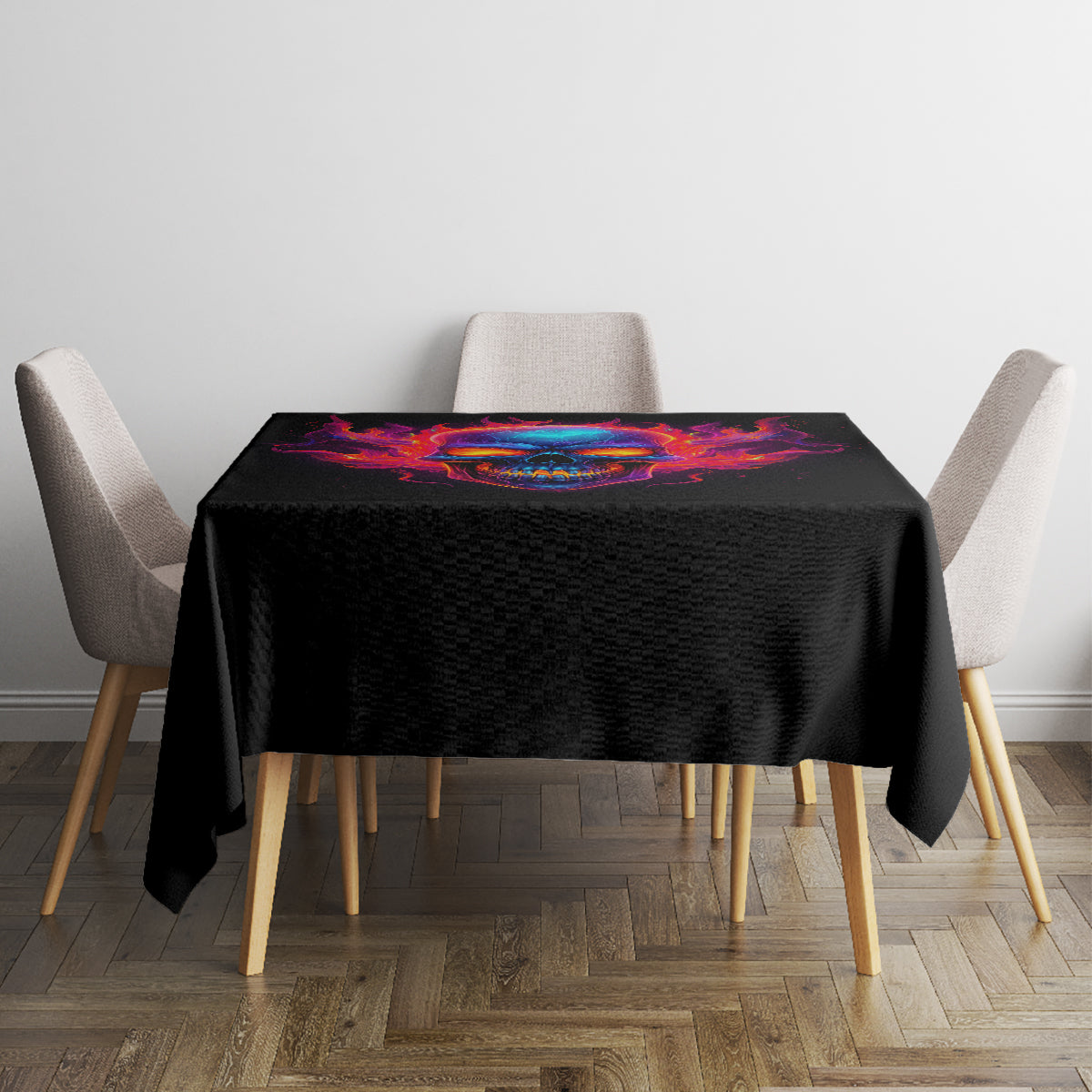 Black skull tablecloth on square table with flaming circular graphic and four chairs