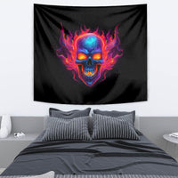 Black flaming skull tapestry hanging on wall, skull face centered