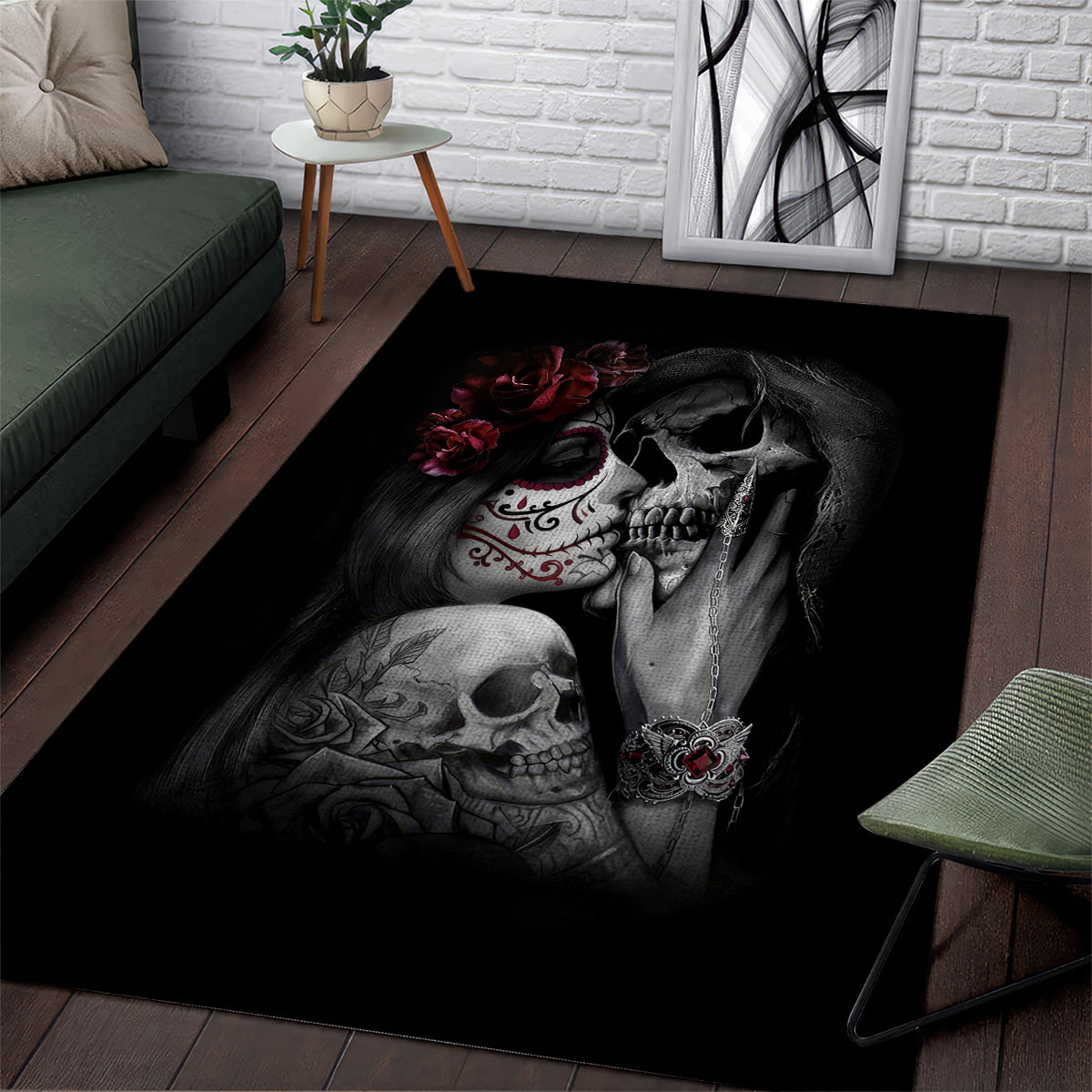 Black area rug with grayscale skulls, red roses, and Day of the Dead portrait design