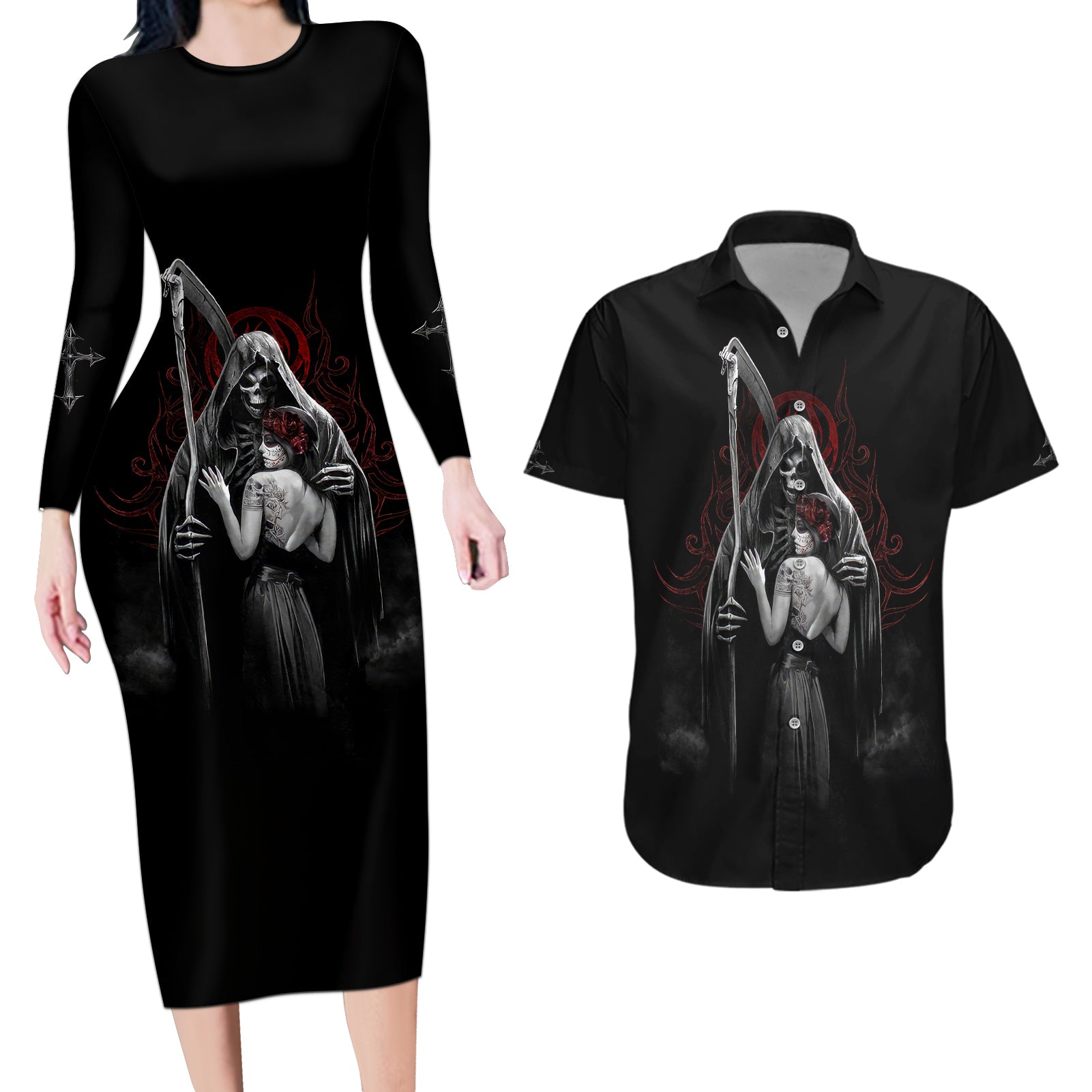 Skull Couples Matching Long Sleeve Bodycon Dress and Hawaiian Shirt Death Angel And Da de Muertos Girl - Wonder Print Shop