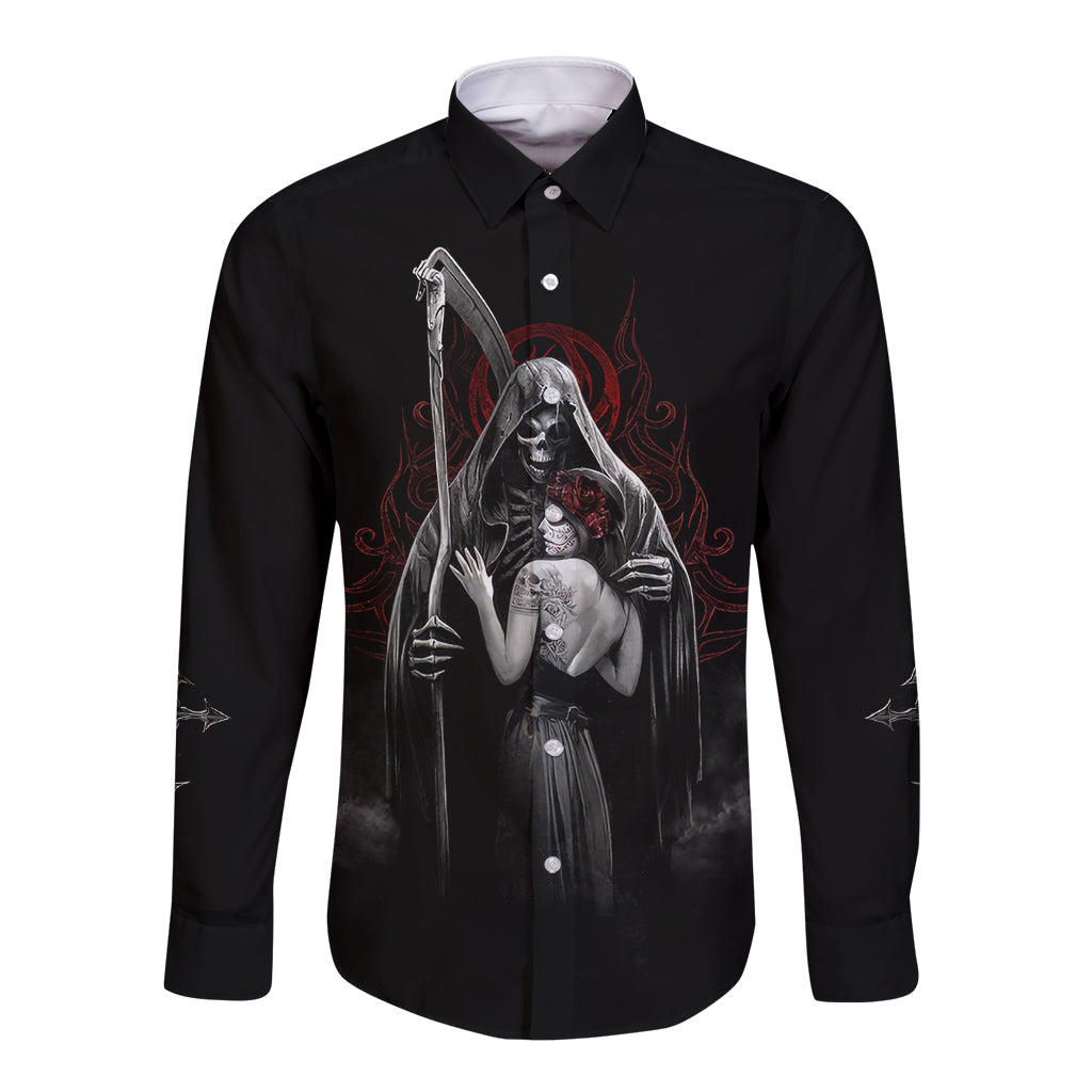Black long-sleeve button shirt with front skull and angel girl graphic