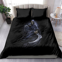 Black bedding set featuring grim reaper with scythe on duvet and two pillows