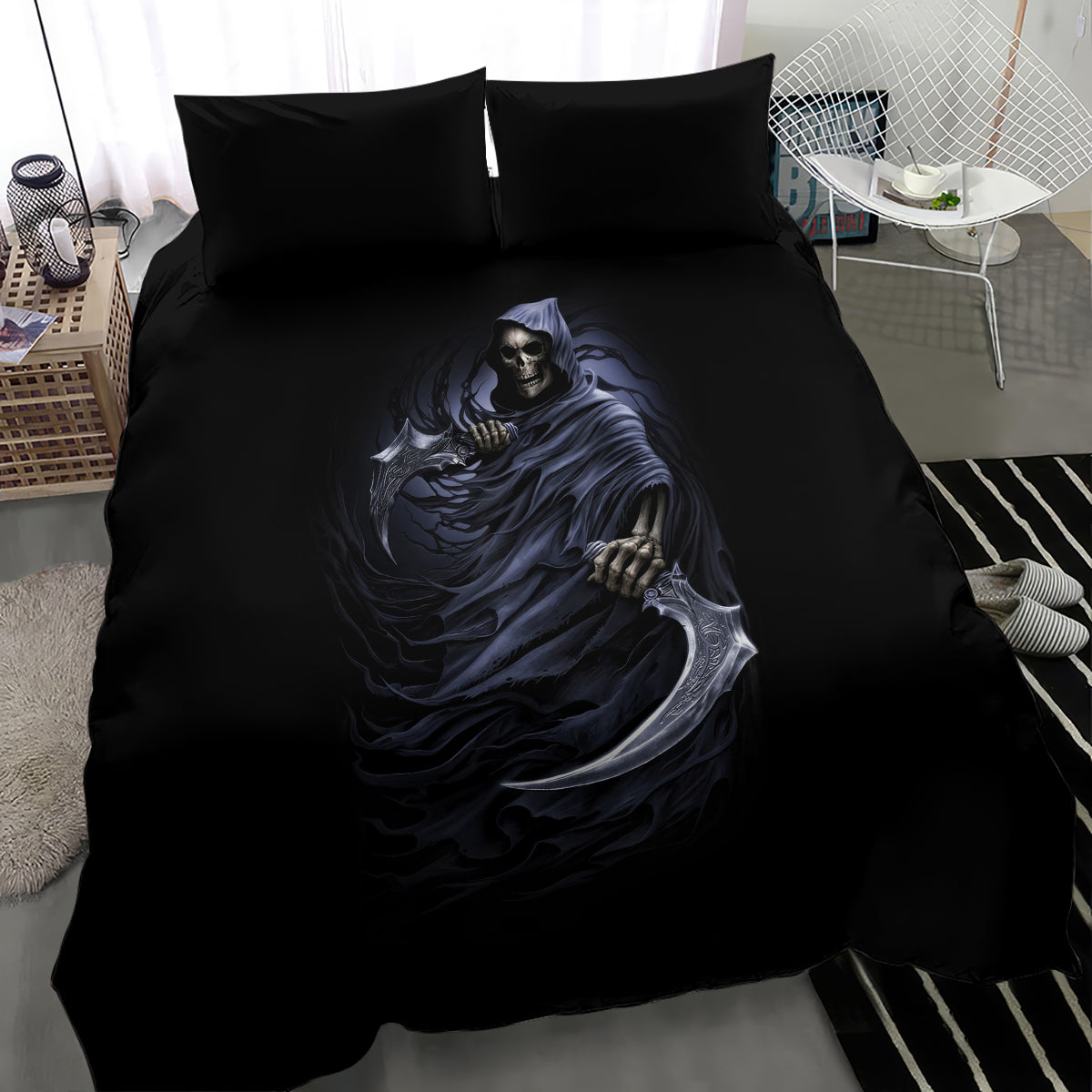 Black bedding set with purple-blue reaper skull holding scythe on duvet and pillows