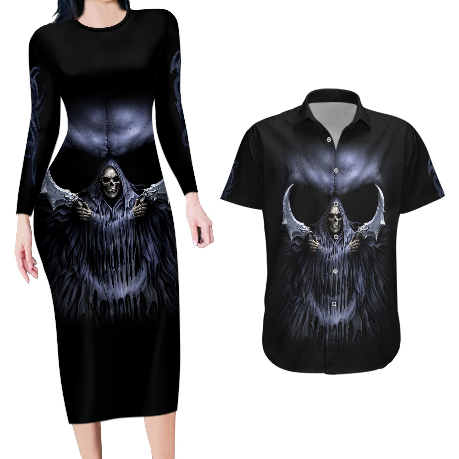 Skull Couples Matching Long Sleeve Bodycon Dress and Hawaiian Shirt Purple Death Reaper - Wonder Print Shop