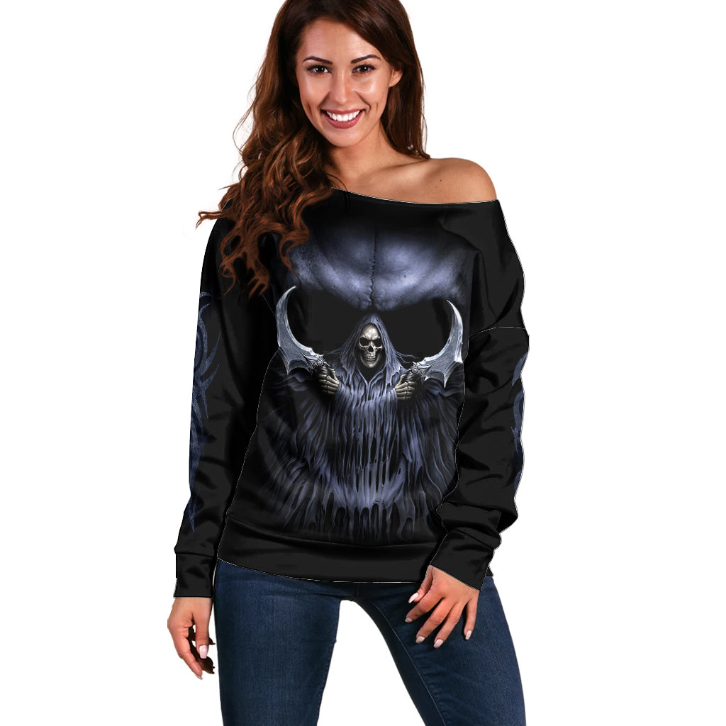 Skull Off Shoulder Sweater Purple Death Reaper - Wonder Print Shop