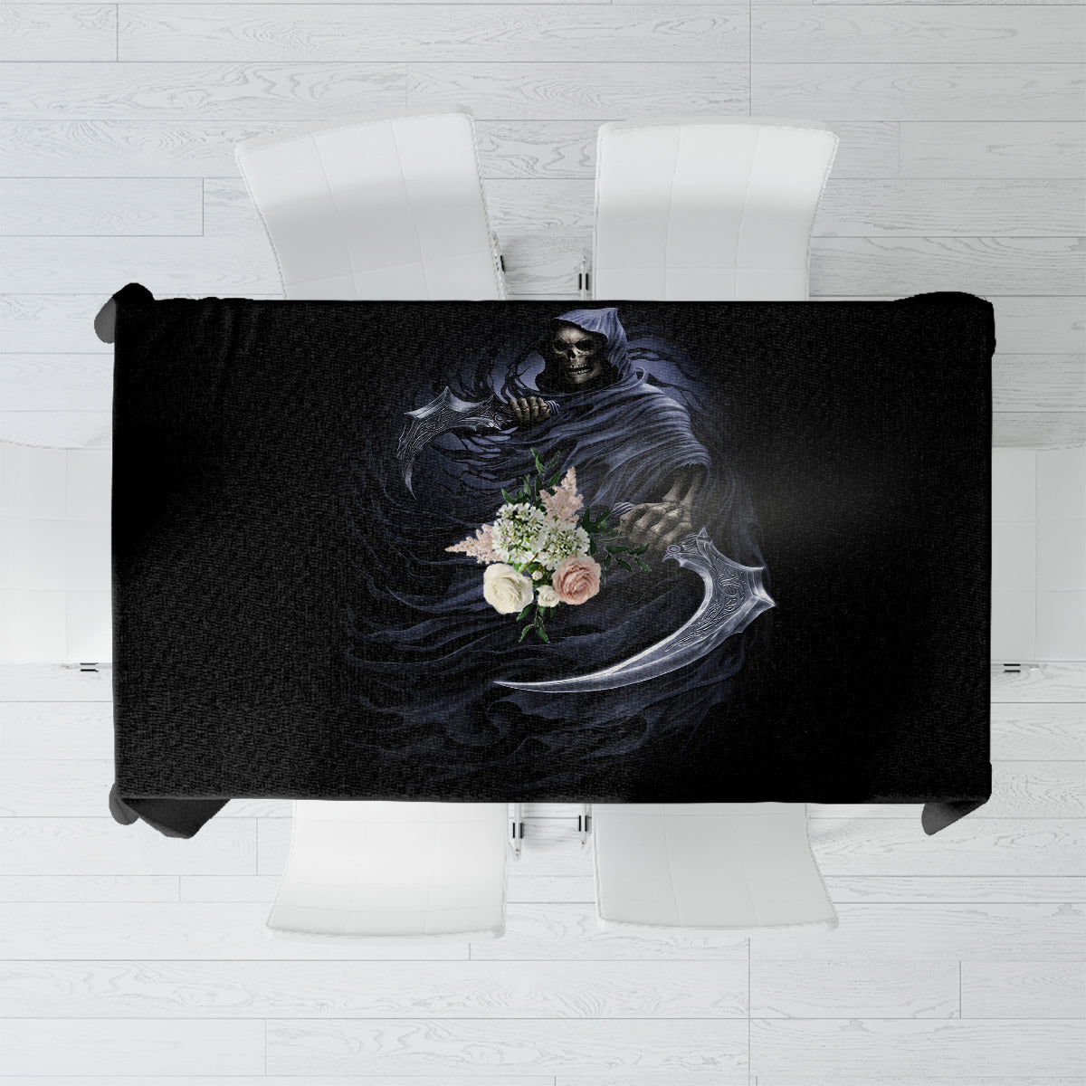 Black skull and reaper graphic tablecloth with purple-toned artwork, centered across surface