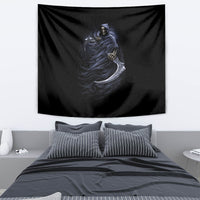 Black wall tapestry showing a skull-faced grim reaper in flowing robes, centered