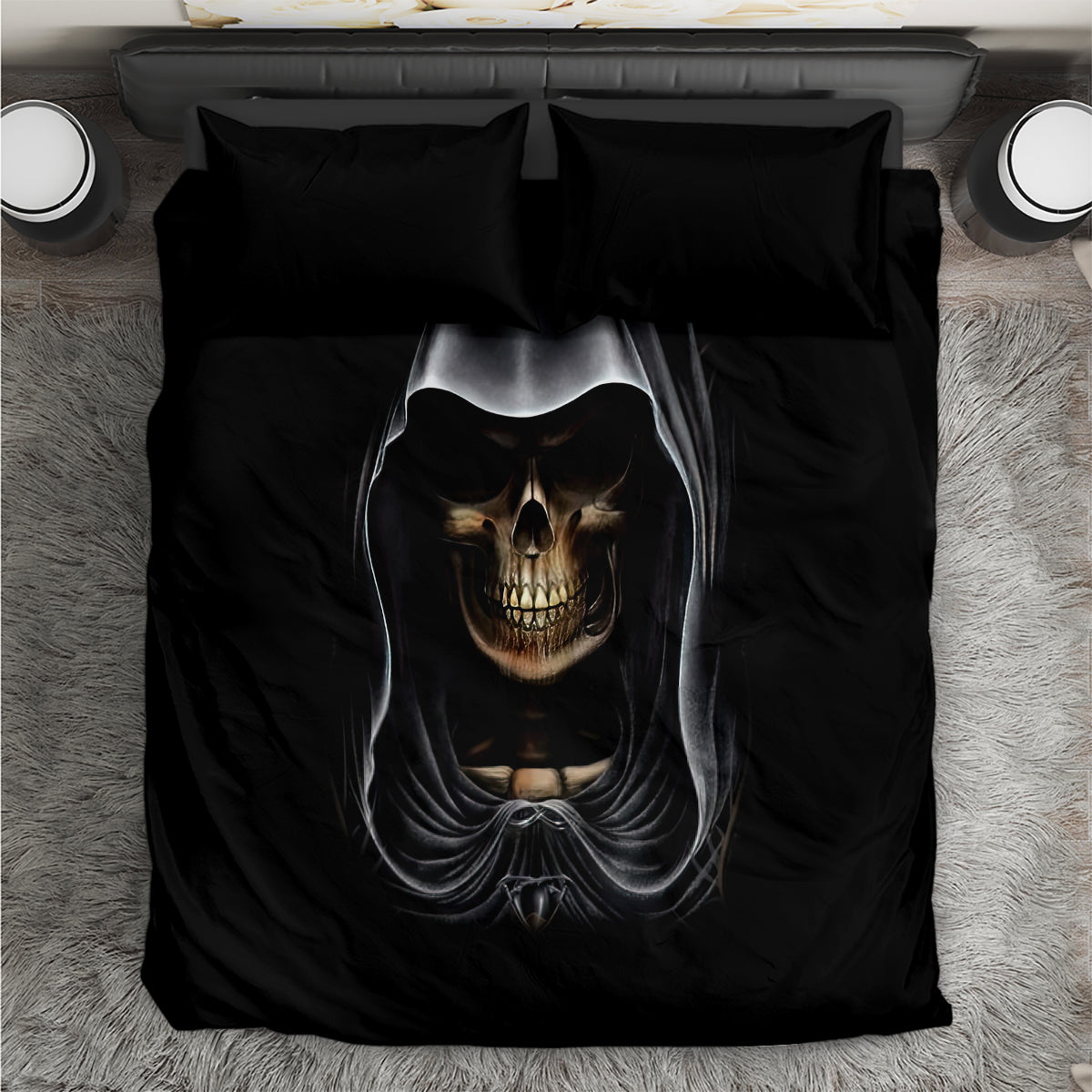 Black double bedding set with skull angel graphic on duvet and matching pillowcases