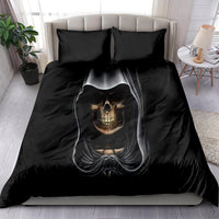 Black double duvet cover bedding set featuring a large skull angel print and two pillows