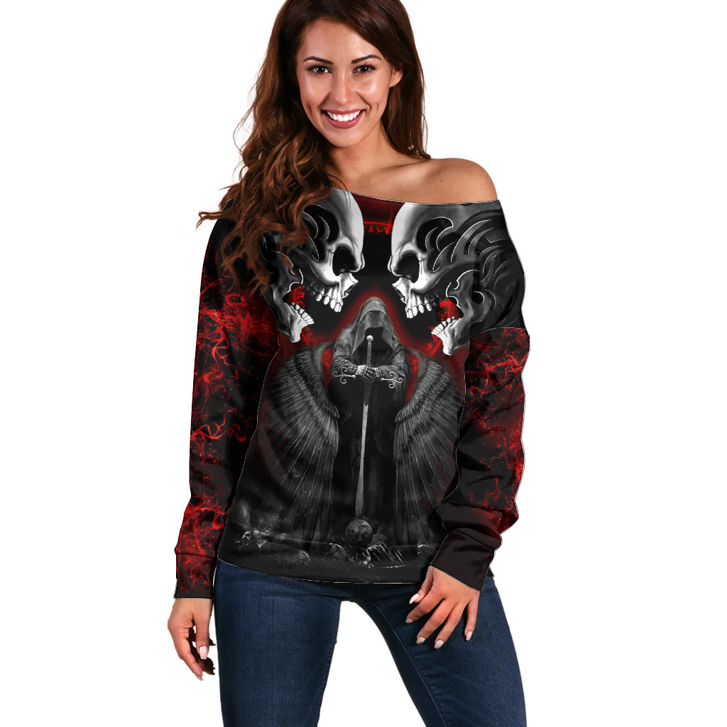 Skull Off Shoulder Sweater Double Skull And Death Angel - Wonder Print Shop