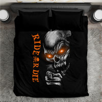 Black bedding set with skull face graphic and orange Ride Or Die lettering, two pillow shams