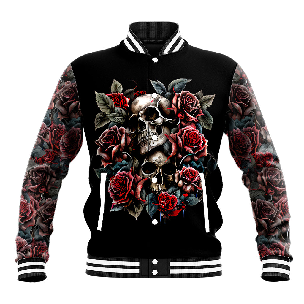 Black varsity baseball jacket with skull and red roses graphic, striped ribbed collar and cuffs.
