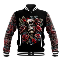 Black varsity baseball jacket with skull and red roses graphic, striped ribbed collar and cuffs.