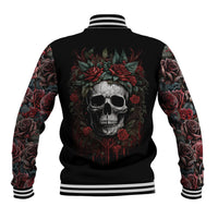 Black back varsity jacket featuring skull face with red roses, striped ribbed hem and cuffs.