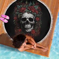 Black round beach blanket with skull and red rose floral print, white fringe border