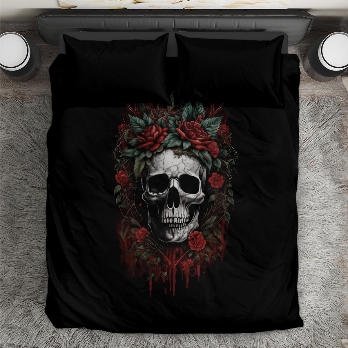 Black bedding set with skull and red roses graphic, matching pillowcases