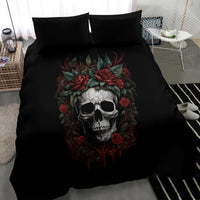 Black bedding set featuring large skull with red roses on duvet and pillows