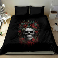 Black bedding set with skull and red rose wreath artwork on duvet and two pillows
