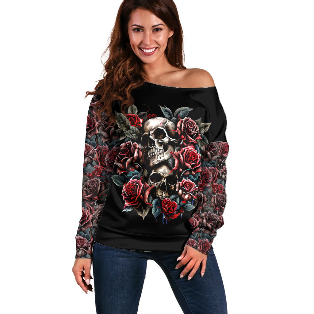 Skull Off Shoulder Sweater Red Rose - Wonder Print Shop