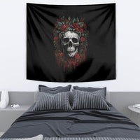 Black skull and red rose tapestry wall hanging, centered skull with floral wreath