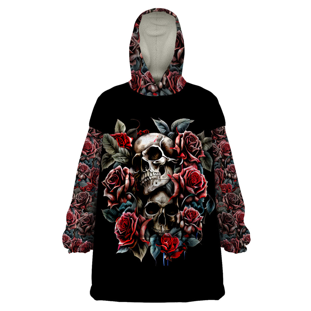 Skull Wearable Blanket Hoodie Red Rose DT01